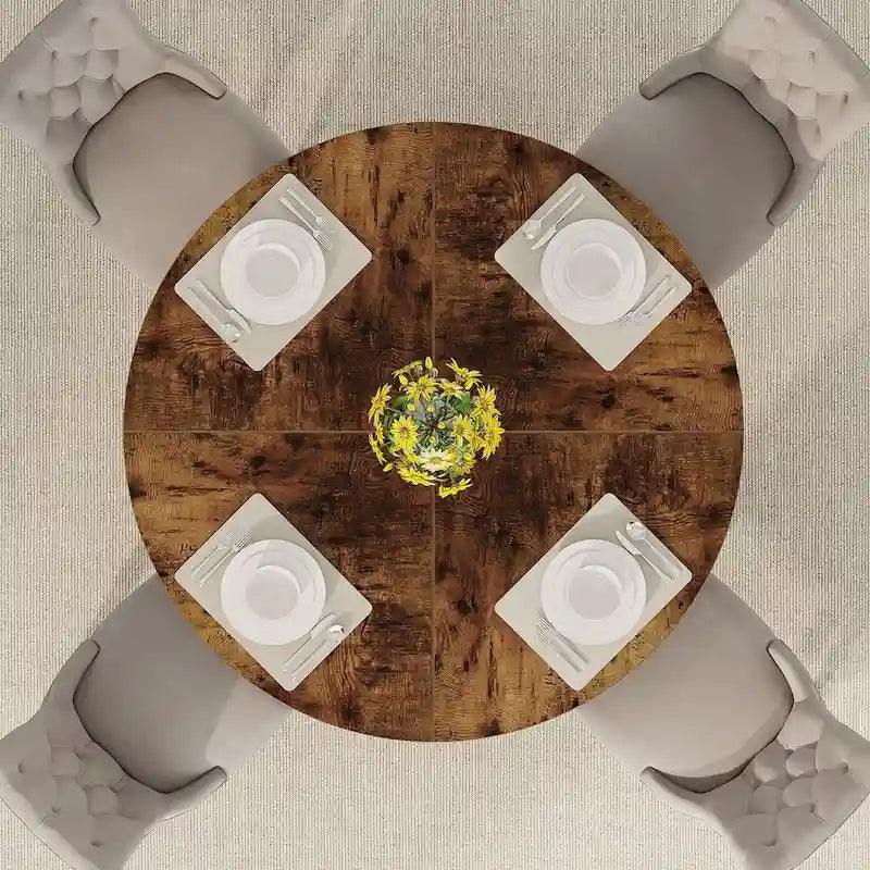 Round Solid Wood Dining Table with Pedestal Base, Seats 4, Brown Grey Tan Black