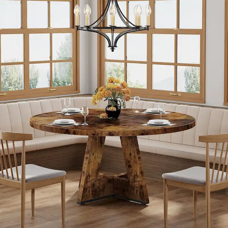 Round Solid Wood Dining Table with Pedestal Base, Seats 4, Brown Grey Tan Black