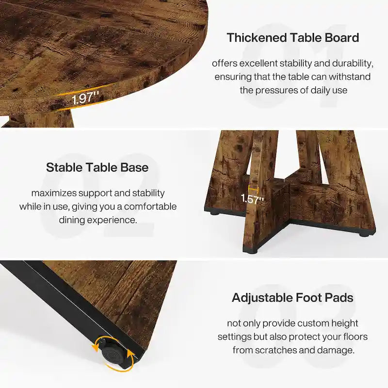 Round Solid Wood Dining Table with Pedestal Base, Seats 4, Brown Grey Tan Black