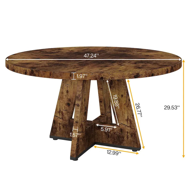 Round Solid Wood Dining Table with Pedestal Base, Seats 4, Brown Grey Tan Black