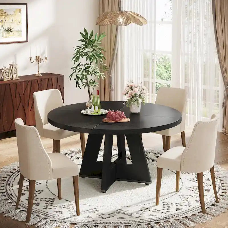 Round Solid Wood Dining Table with Pedestal Base, Seats 4, Brown Grey Tan Black