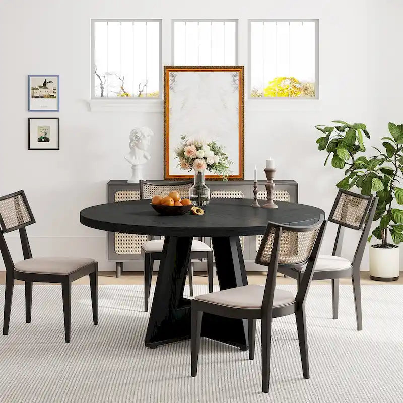Round Solid Wood Dining Table with Pedestal Base, Seats 4, Brown Grey Tan Black