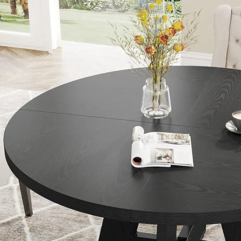 Round Solid Wood Dining Table with Pedestal Base, Seats 4, Brown Grey Tan Black