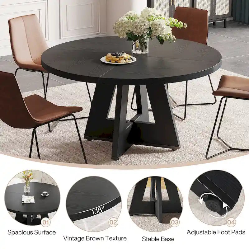 Round Solid Wood Dining Table with Pedestal Base, Seats 4, Brown Grey Tan Black