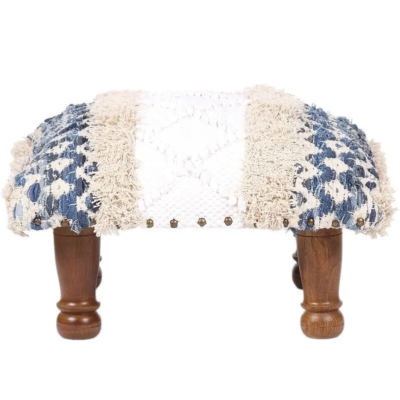 Handmade Geometric Cotton Dhurrie Upholstered Footstool with Sheesham Wood Frame