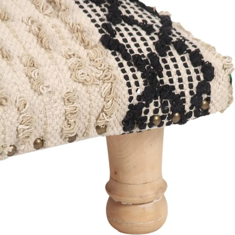 Handmade Geometric Cotton Dhurrie Upholstered Footstool with Sheesham Wood Frame