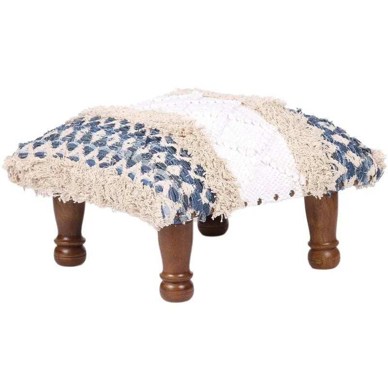 Handmade Geometric Cotton Dhurrie Upholstered Footstool with Sheesham Wood Frame