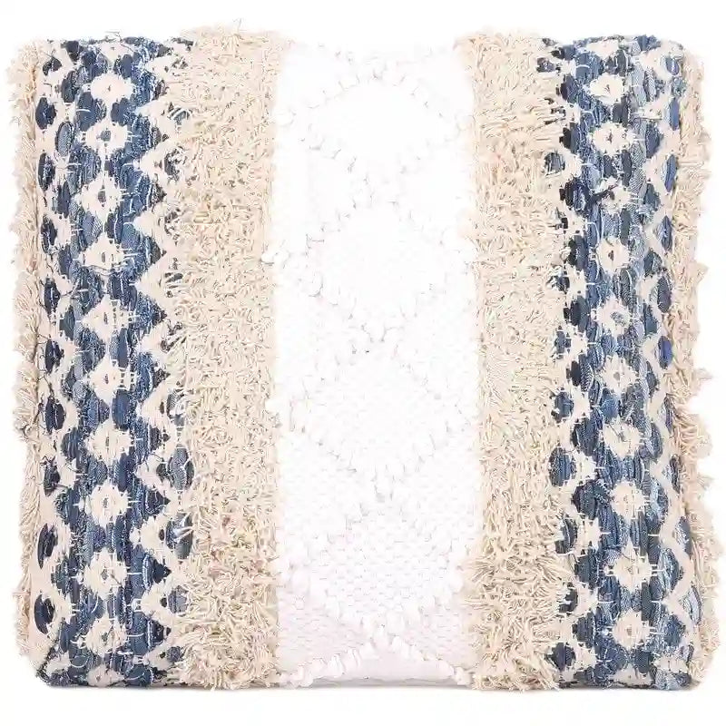 Handmade Geometric Cotton Dhurrie Upholstered Footstool with Sheesham Wood Frame