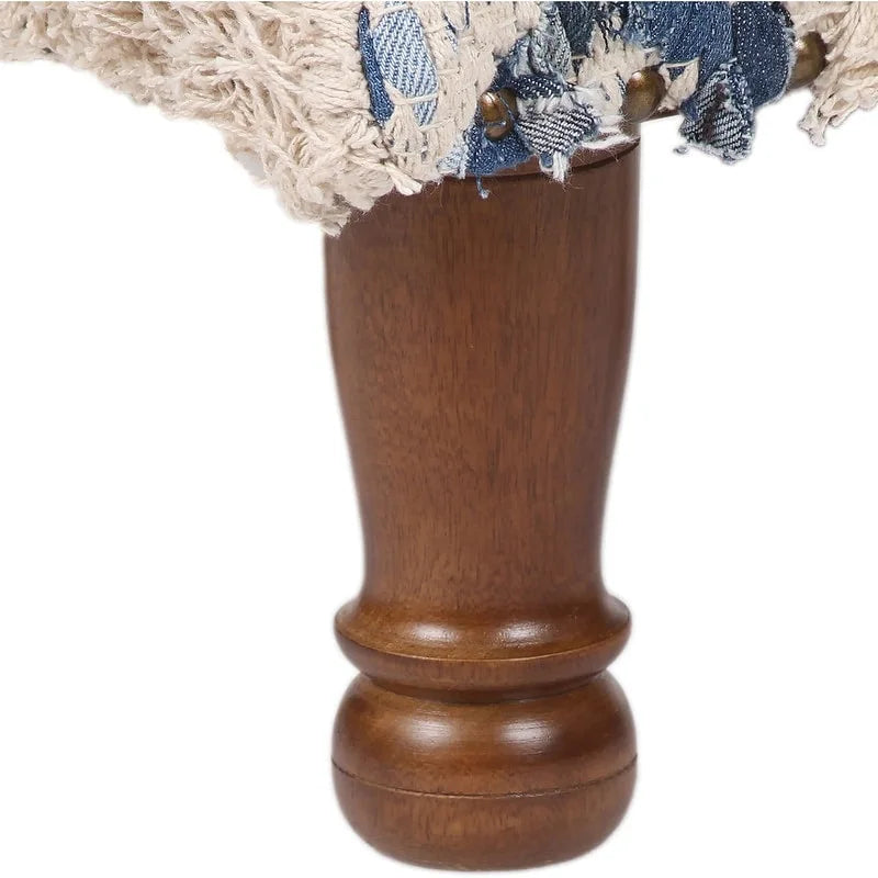 Handmade Geometric Cotton Dhurrie Upholstered Footstool with Sheesham Wood Frame