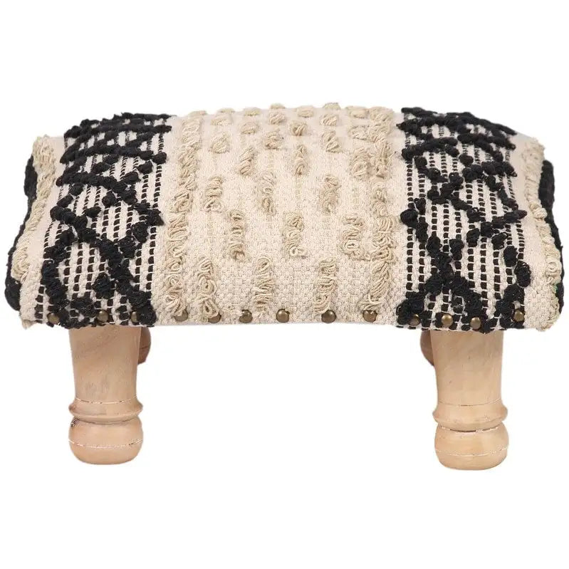 Handmade Geometric Cotton Dhurrie Upholstered Footstool with Sheesham Wood Frame