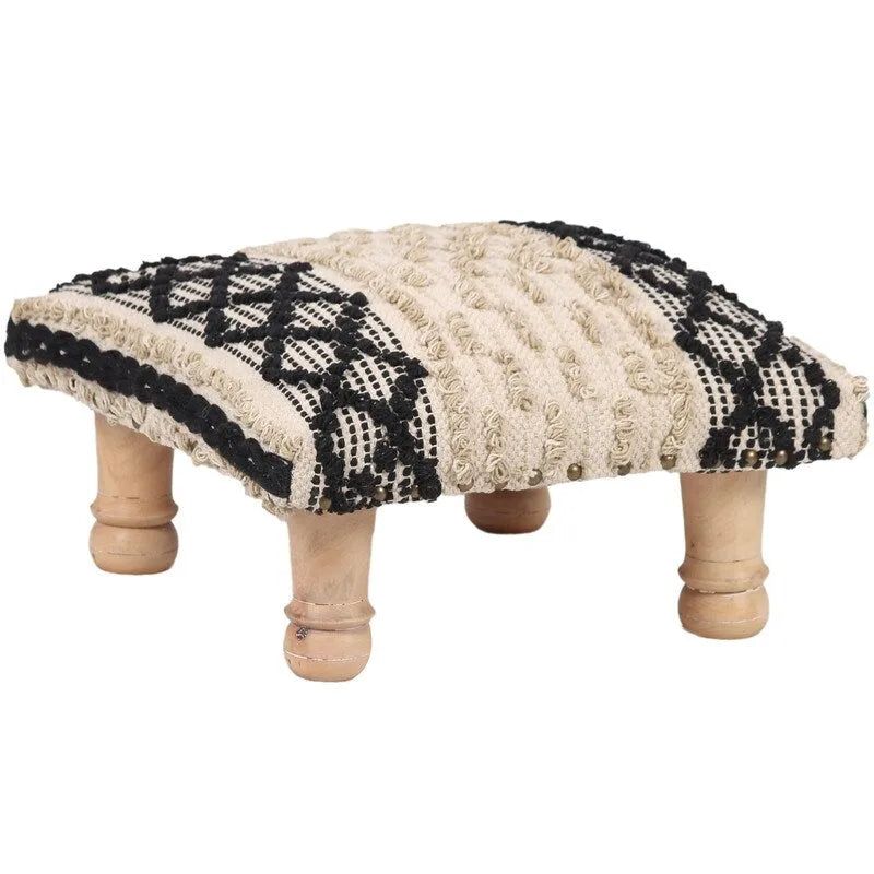 Handmade Geometric Cotton Dhurrie Upholstered Footstool with Sheesham Wood Frame