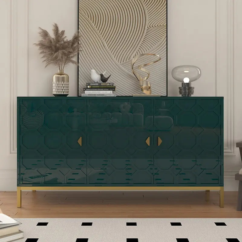 3 Door Glossy Honeycomb Sideboard Accent Cabinet with Gold Legs
