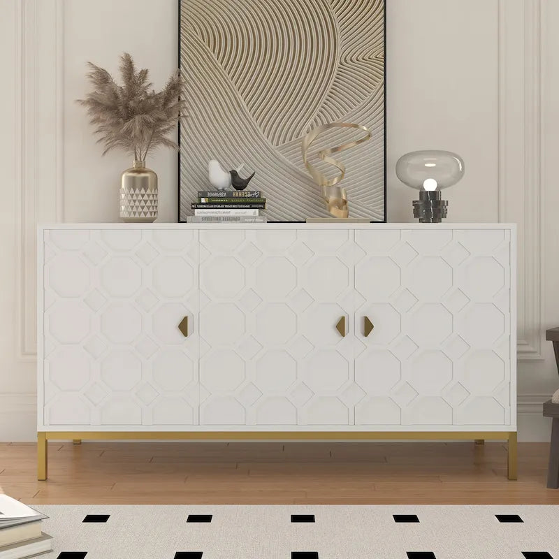 3 Door Glossy Honeycomb Sideboard Accent Cabinet with Gold Legs