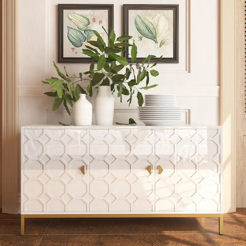 3 Door Glossy Honeycomb Sideboard Accent Cabinet with Gold Legs