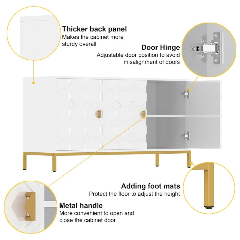 3 Door Glossy Honeycomb Sideboard Accent Cabinet with Gold Legs