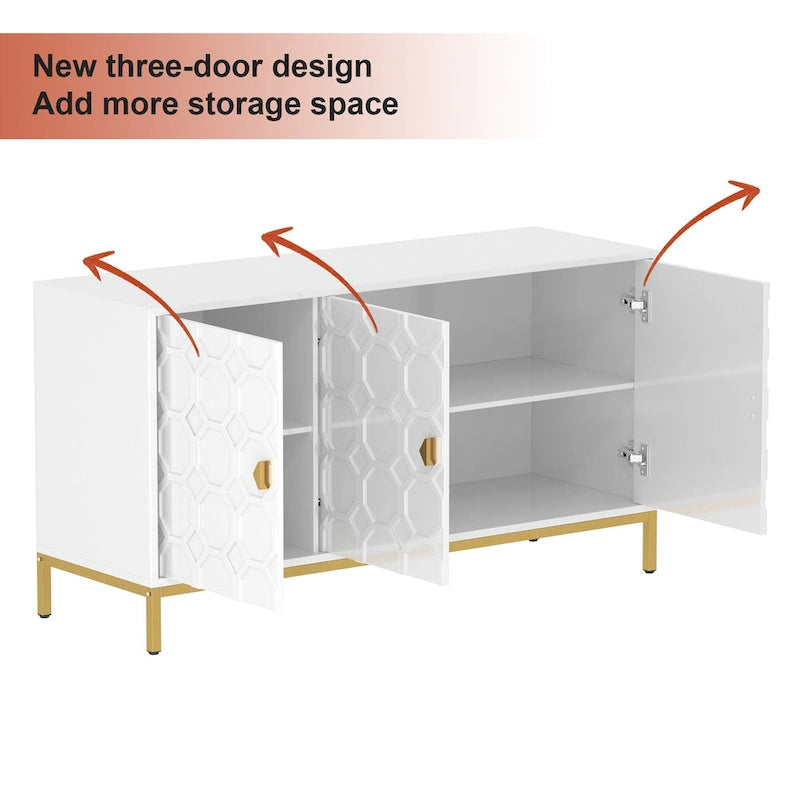 3 Door Glossy Honeycomb Sideboard Accent Cabinet with Gold Legs