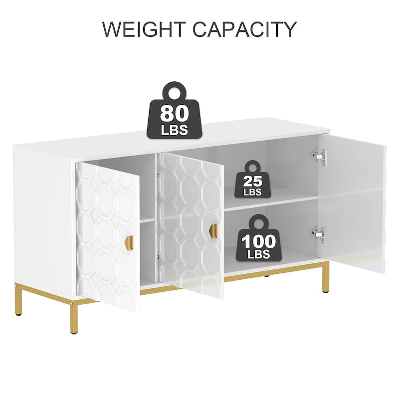 3 Door Glossy Honeycomb Sideboard Accent Cabinet with Gold Legs