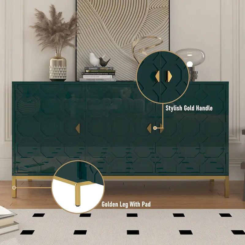 3 Door Glossy Honeycomb Sideboard Accent Cabinet with Gold Legs