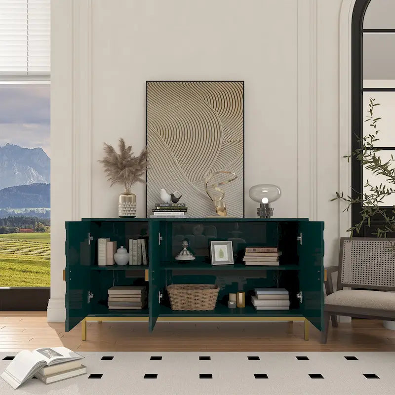 3 Door Glossy Honeycomb Sideboard Accent Cabinet with Gold Legs