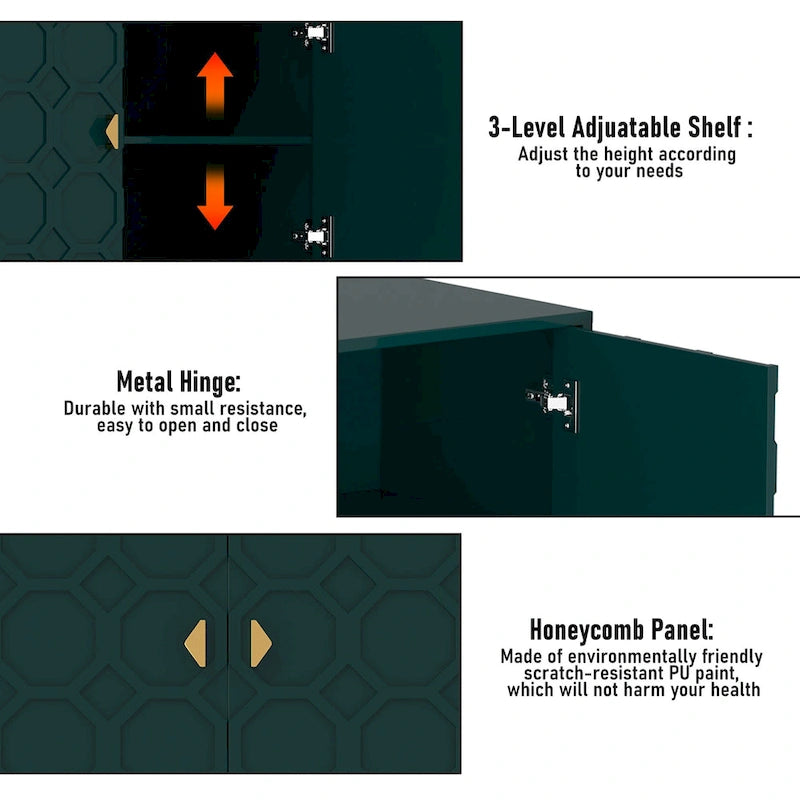 3 Door Glossy Honeycomb Sideboard Accent Cabinet with Gold Legs