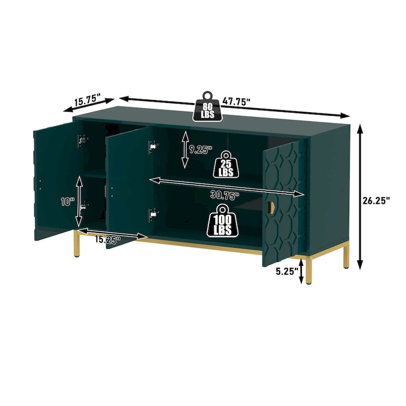 3 Door Glossy Honeycomb Sideboard Accent Cabinet with Gold Legs