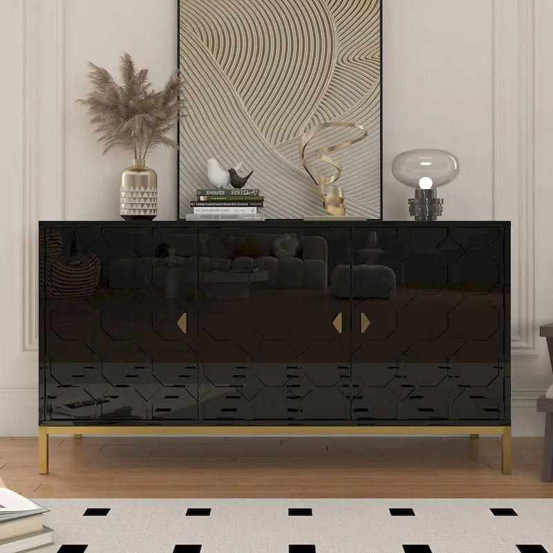 3 Door Glossy Honeycomb Sideboard Accent Cabinet with Gold Legs