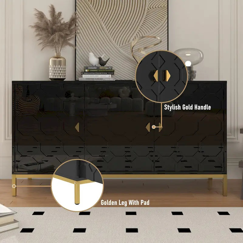 3 Door Glossy Honeycomb Sideboard Accent Cabinet with Gold Legs