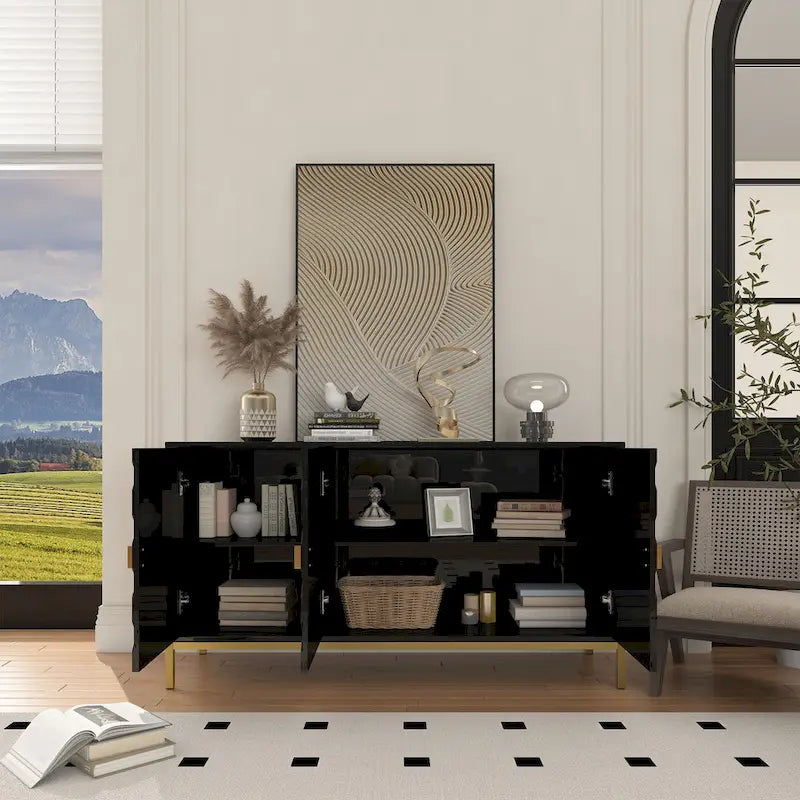 3 Door Glossy Honeycomb Sideboard Accent Cabinet with Gold Legs