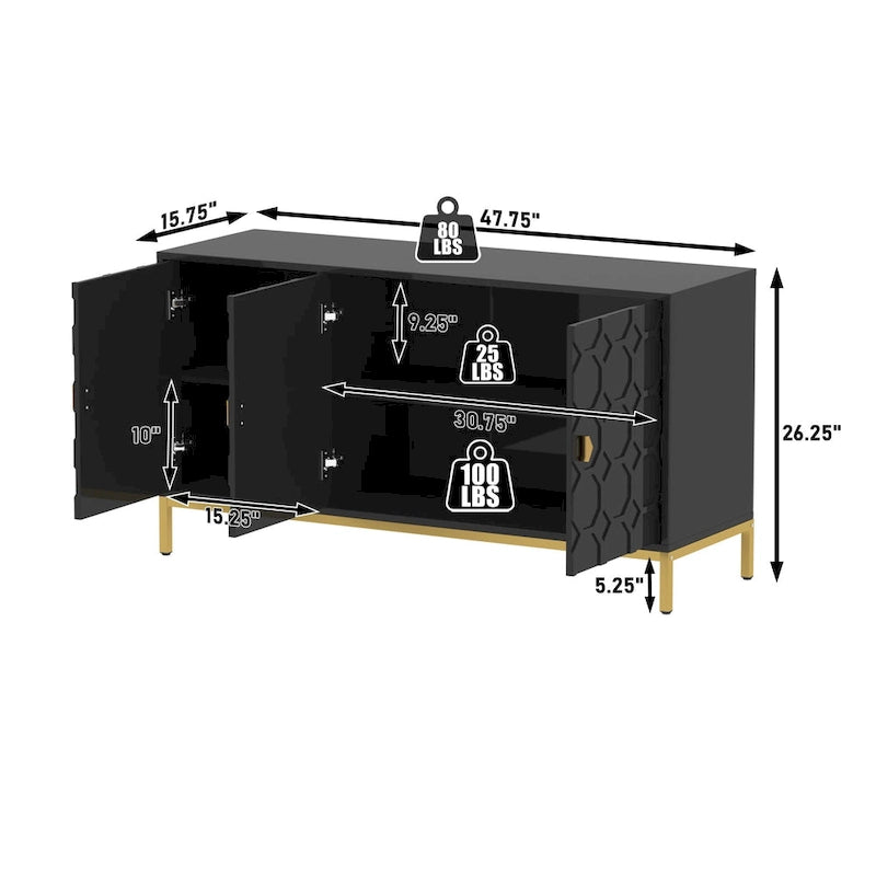 3 Door Glossy Honeycomb Sideboard Accent Cabinet with Gold Legs