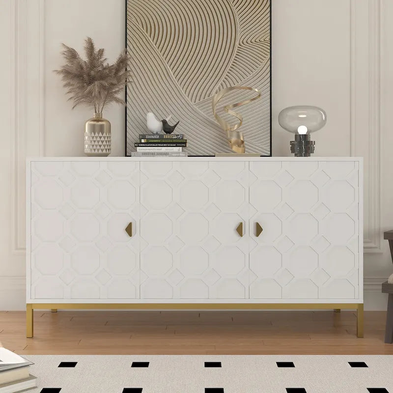 3 Door Glossy Honeycomb Sideboard Accent Cabinet with Gold Legs