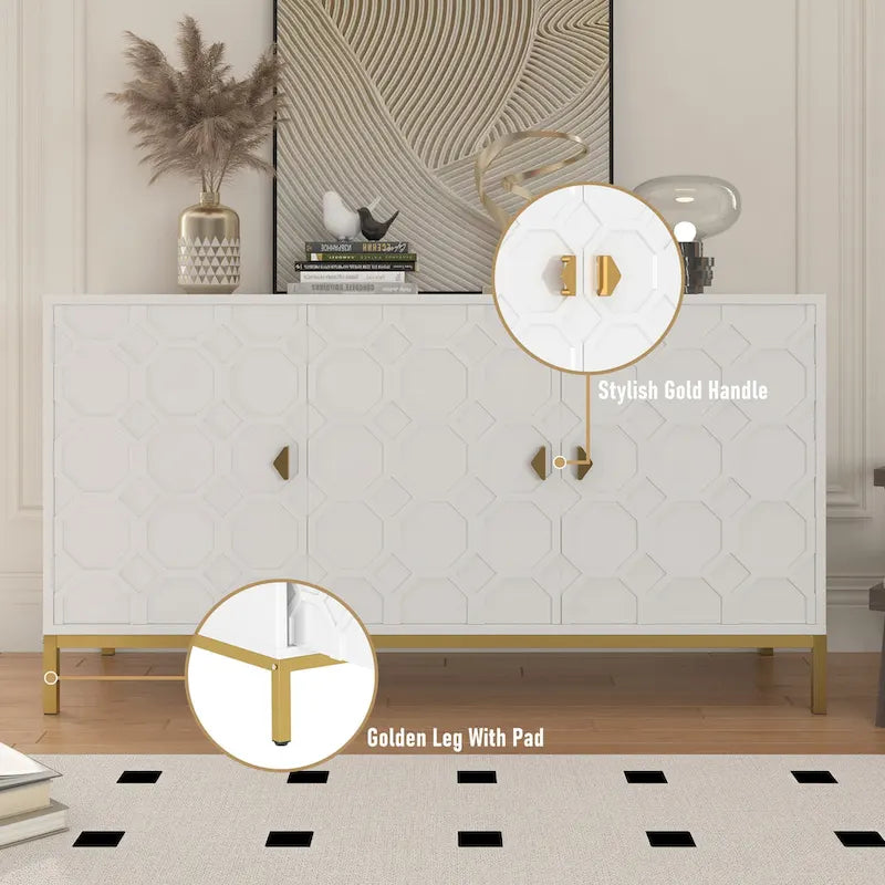 3 Door Glossy Honeycomb Sideboard Accent Cabinet with Gold Legs