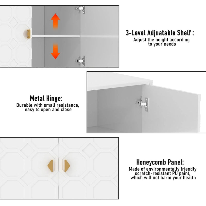 3 Door Glossy Honeycomb Sideboard Accent Cabinet with Gold Legs