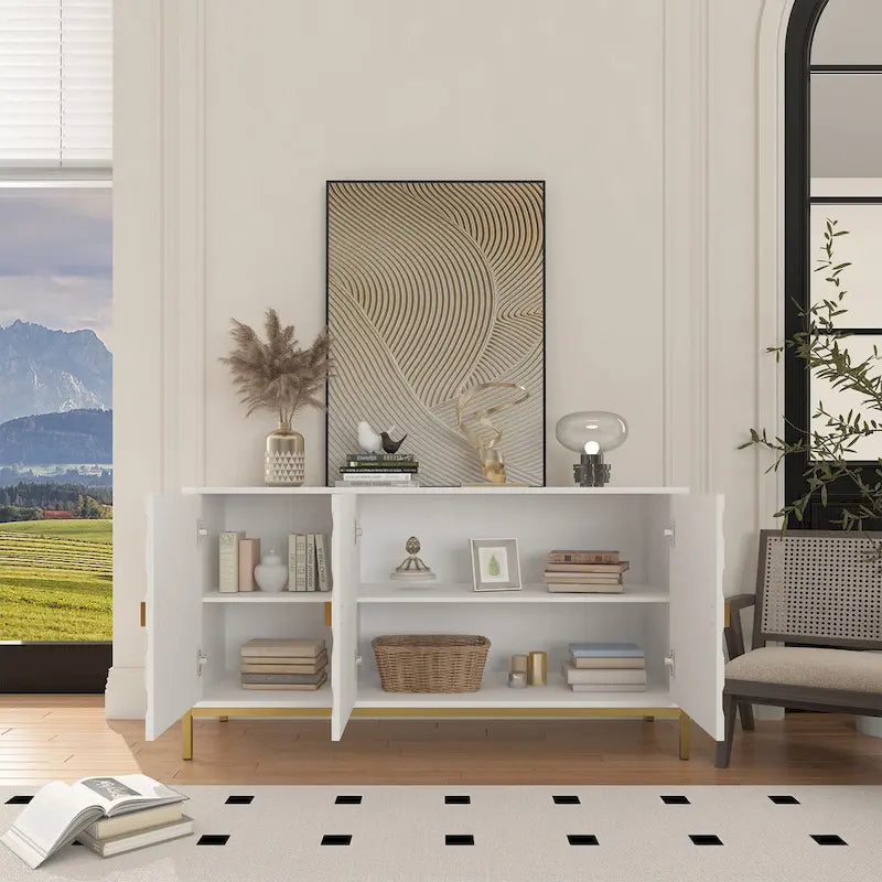 3 Door Glossy Honeycomb Sideboard Accent Cabinet with Gold Legs
