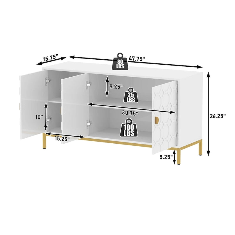 3 Door Glossy Honeycomb Sideboard Accent Cabinet with Gold Legs