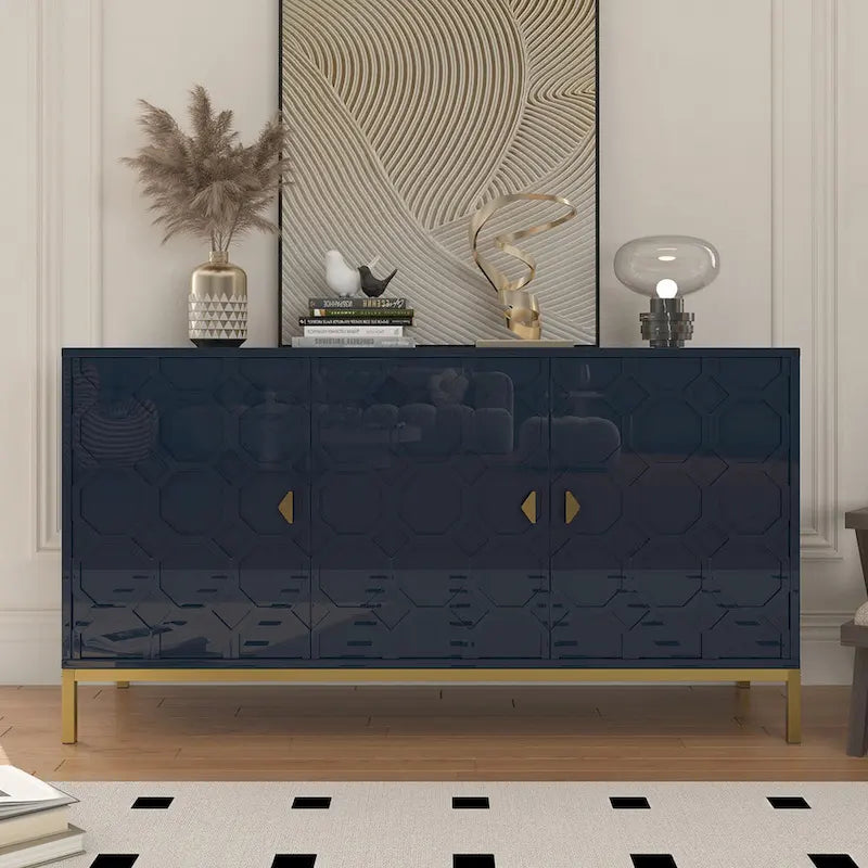3 Door Glossy Honeycomb Sideboard Accent Cabinet with Gold Legs