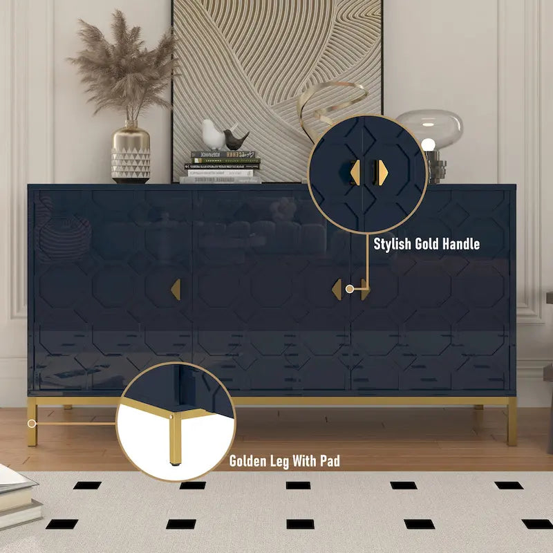 3 Door Glossy Honeycomb Sideboard Accent Cabinet with Gold Legs