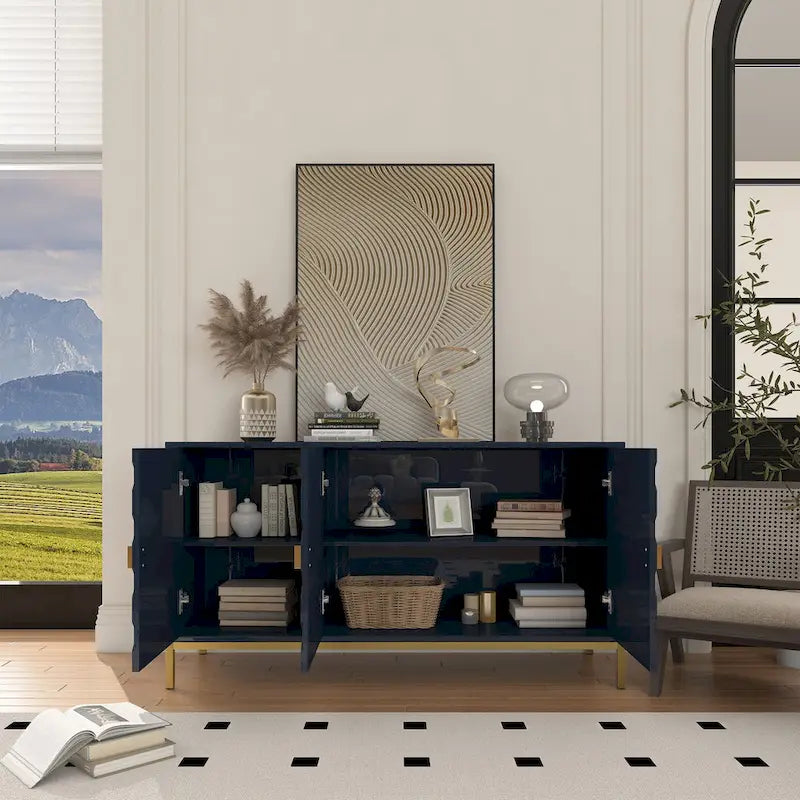 3 Door Glossy Honeycomb Sideboard Accent Cabinet with Gold Legs