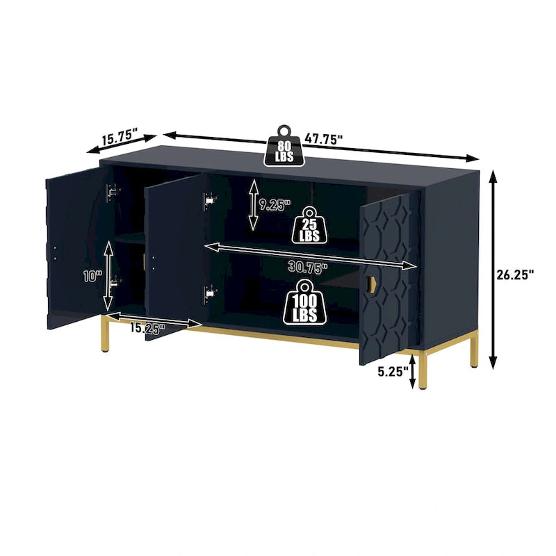 3 Door Glossy Honeycomb Sideboard Accent Cabinet with Gold Legs