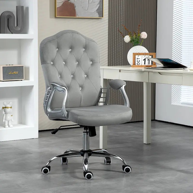 Button Tufted Velvet Desk Chair with Swivel Wheels and Adjustable Height