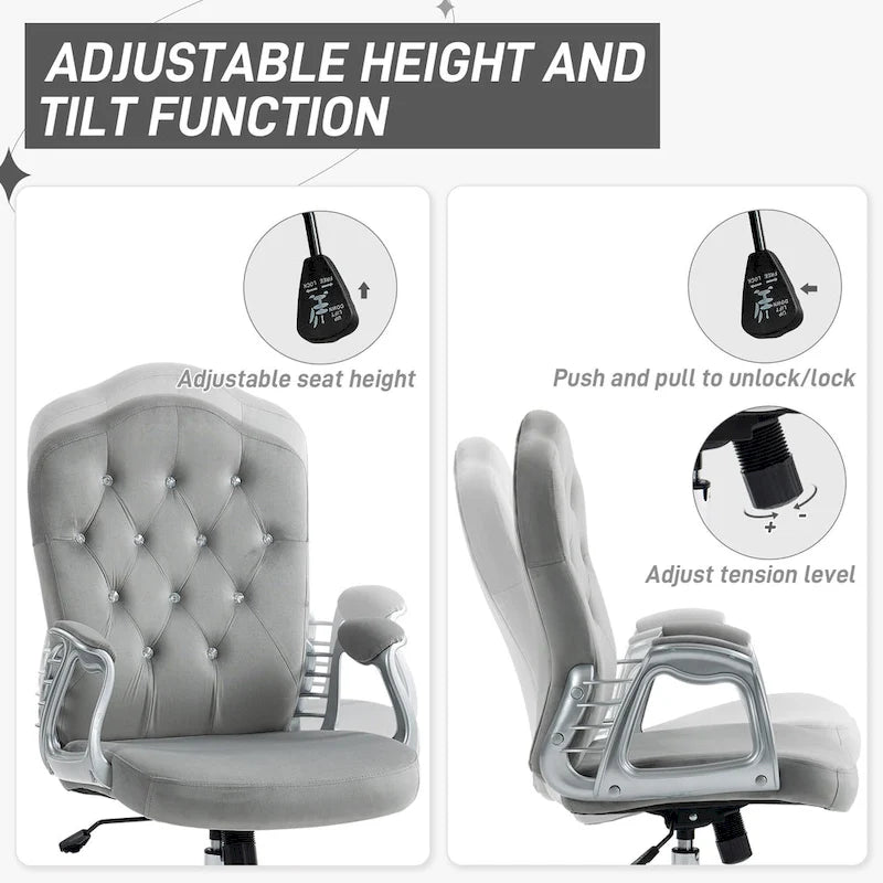 Button Tufted Velvet Desk Chair with Swivel Wheels and Adjustable Height