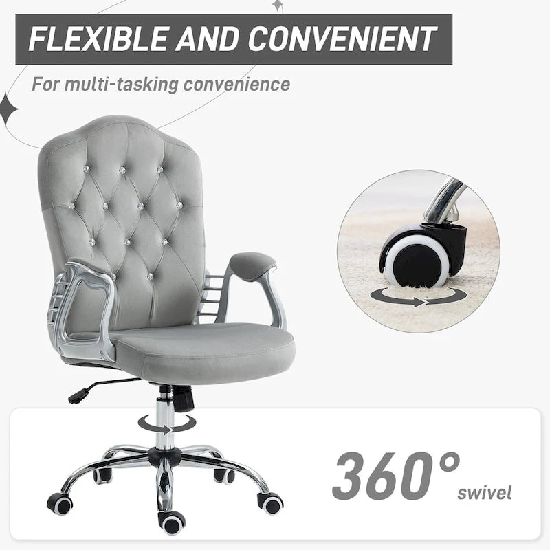 Button Tufted Velvet Desk Chair with Swivel Wheels and Adjustable Height