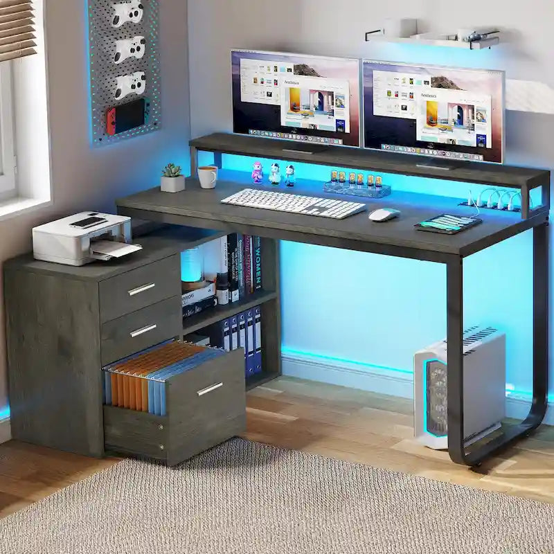 55 Inch L-shaped Gaming Desk with Power Outlets and LED Lights Computer Corner Desk with File Cabinet Monitor Stand