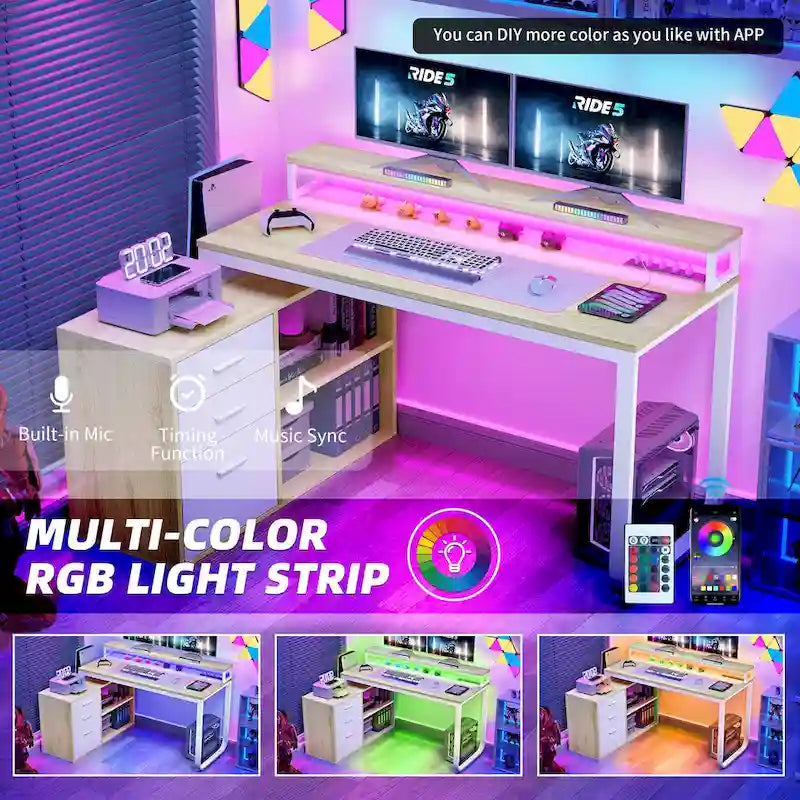 55 Inch L-shaped Gaming Desk with Power Outlets and LED Lights Computer Corner Desk with File Cabinet Monitor Stand