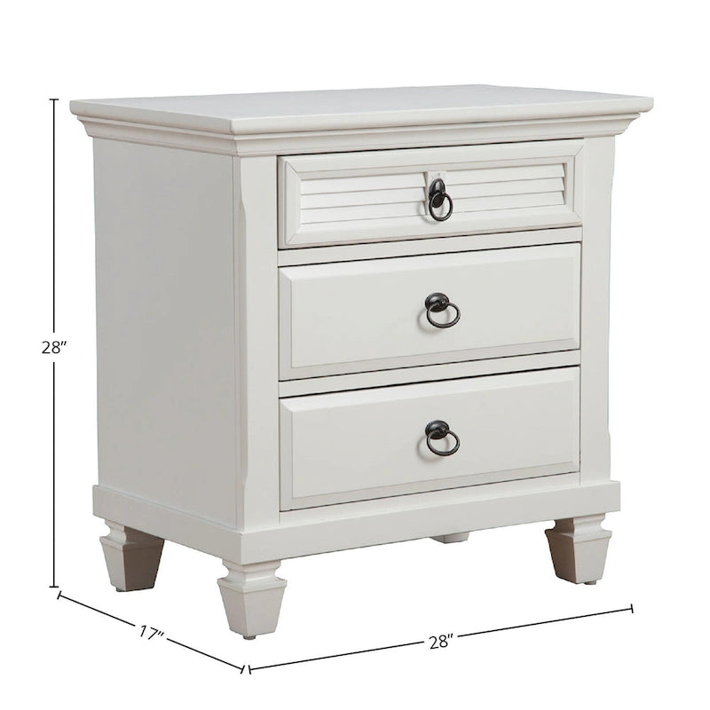 White 3-Drawer Solid Pine Wood Nightstand with Dark Metal Pulls