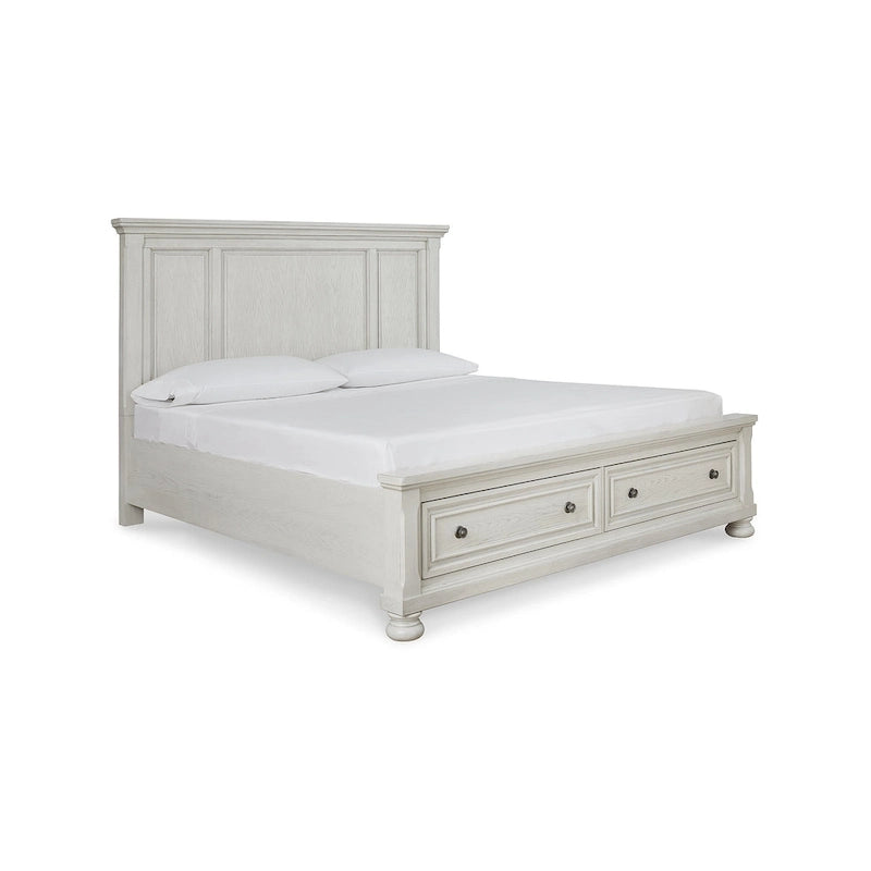 Antique White Panel Storage Bed with Footboard Drawers
