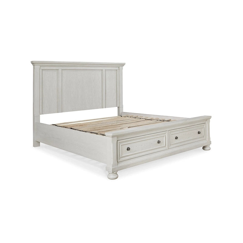 Antique White Panel Storage Bed with Footboard Drawers