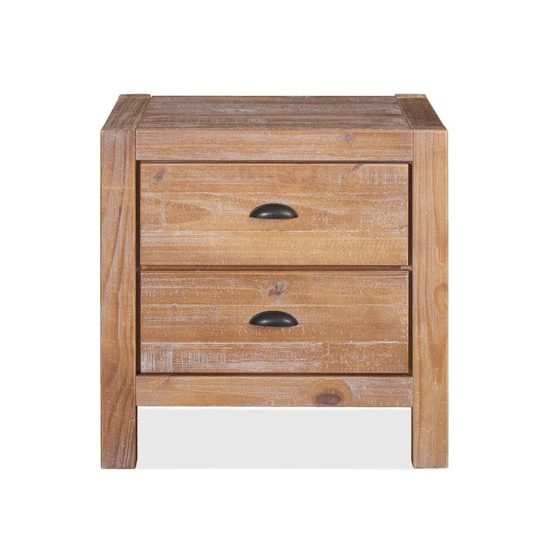 Solid Pine Wood 2-Drawer Nightstand with Rustic Distressed Finish