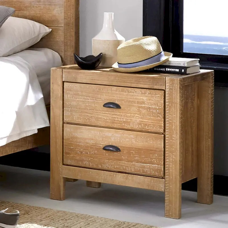 Solid Pine Wood 2-Drawer Nightstand with Rustic Distressed Finish
