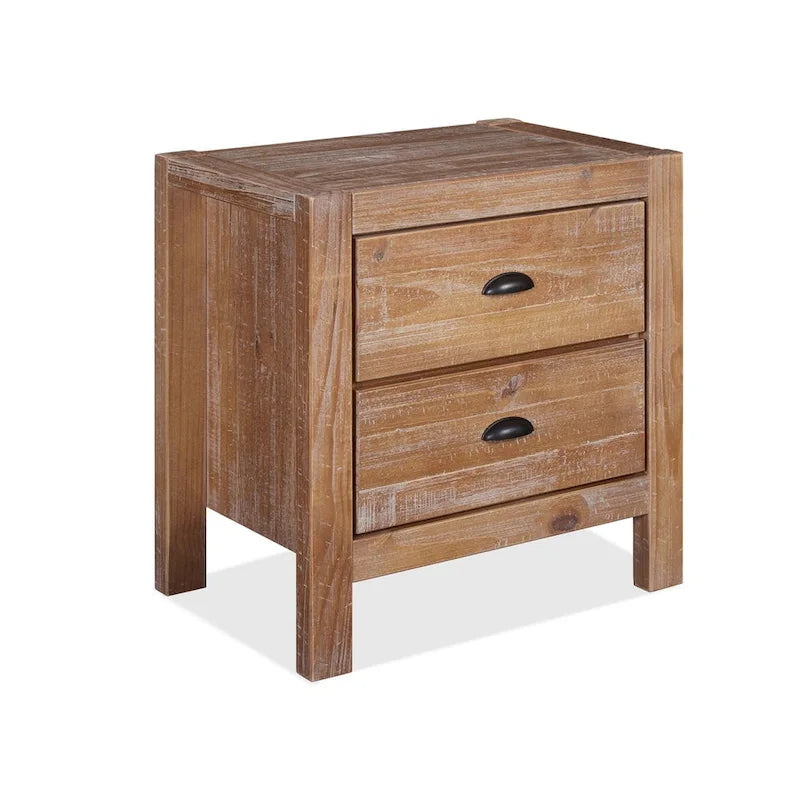 Solid Pine Wood 2-Drawer Nightstand with Rustic Distressed Finish