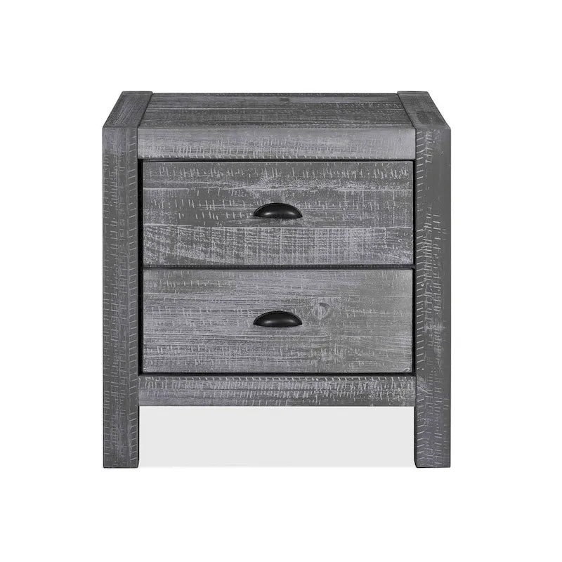 Solid Pine Wood 2-Drawer Nightstand with Rustic Distressed Finish